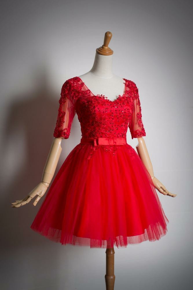 Red Color Lace Short Sleeves Tulle Knee Length Party Dress, Red Color Short Formal Dress